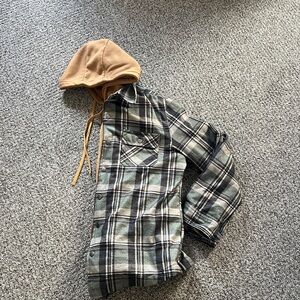 Plaid green & black Hooded Jacket with Tan Hood